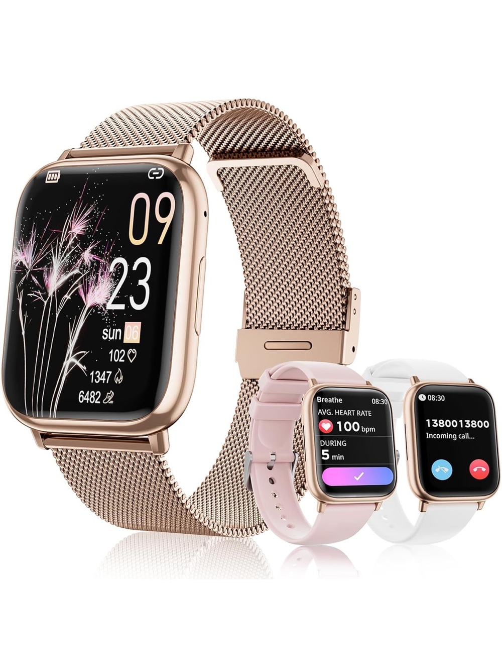Rose Gold Smartwatch with Rose Gold, Pink, and White Bands